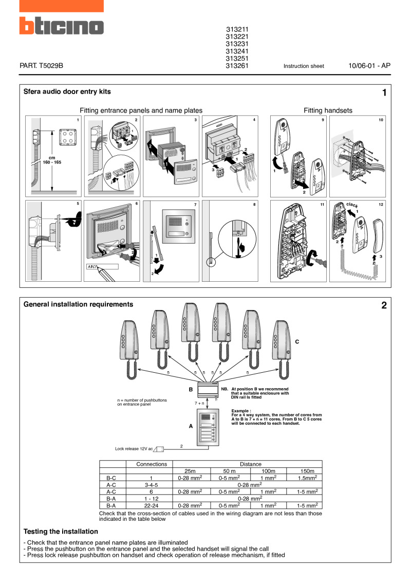 Bticino Sfera 313221 - 2 way analogue entry kit electrical three way switch wiring diagram 