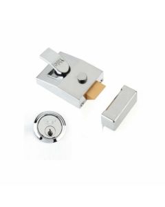 Yale 89CP nightlatch with polished chrome cylinder for wooden doors needing surface-mounted security.