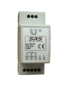 SRS 9327 DIN mount time delay relay, 12V DC, adjustable 0–60s delay, ideal for access control automation use.