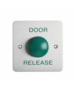 SRS DRB004F-DR a flush, single-gang stainless steel door release button with a large green dome.