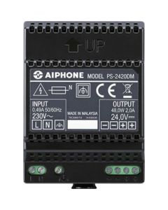 Aiphone PS-2420DM DIN mounted power supply unit 24V 2A for GT Series, compact, reliable, easy installation.