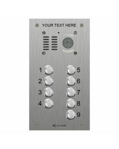 Comelit VK4509 9-button iKall video panel with VR stainless steel body and engravable nameplates for access.