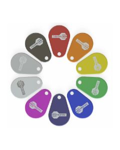 Entrotec ETAG-S red key fob image with RFID chip for door access control, red-coded for user identification